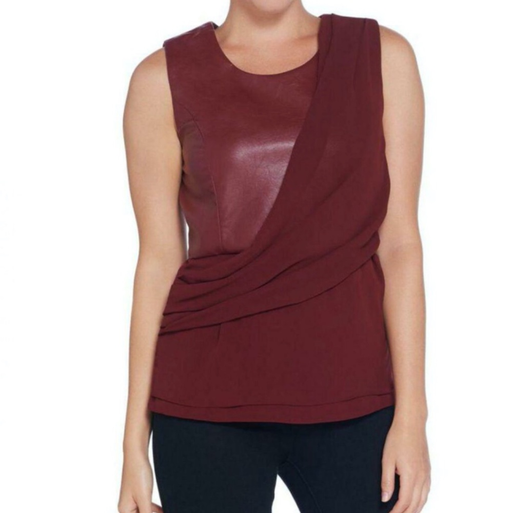 BROOKE SHIELDS Timeless Asymmetrical Faux Leather Drape Front Top Blouse